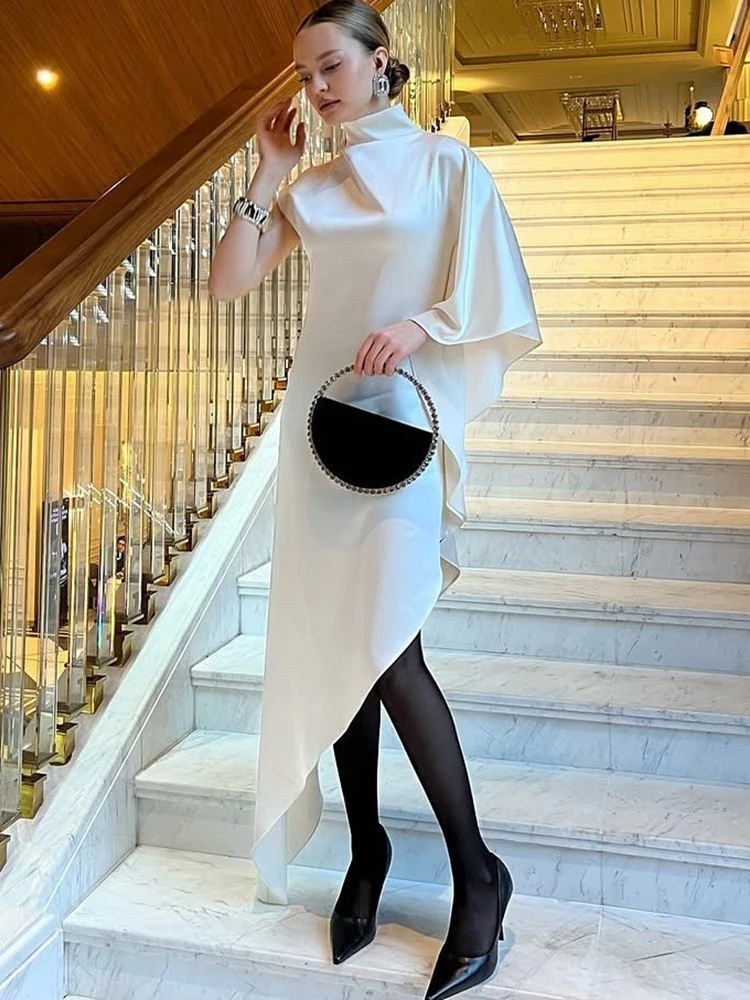 Elegancka satynowa sukienka maxi Oniflyme z nieregularnym dołem, damska moda, golf, rękawy typu peleryna, luźna odzież uliczna, codzienne sukienki na imprezę, Vestido