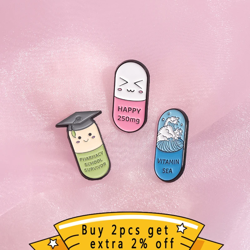 Cute Vitamin Sea Happy Chill Pills Enamel Pins Pharmacy School Survivor Lapel Badge Decorative Metal Brooch For Medical Students