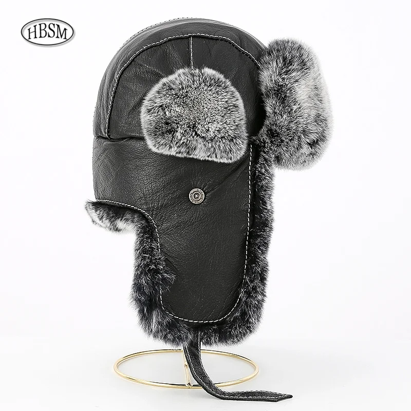 Fur Hat Men Russian Ushanka Bomber Hats Pilot Trapper Trooper Hat Winter Warm Real Rabbit Fur Earflap Men Snow Caps