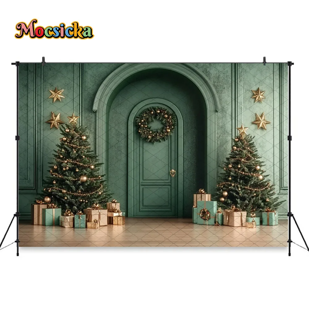 Mocsicka elegante verde puerta de Navidad fondo fotografía brillo árbol de Navidad regalo telón de fondo invierno retrato familiar estudio fotográfico