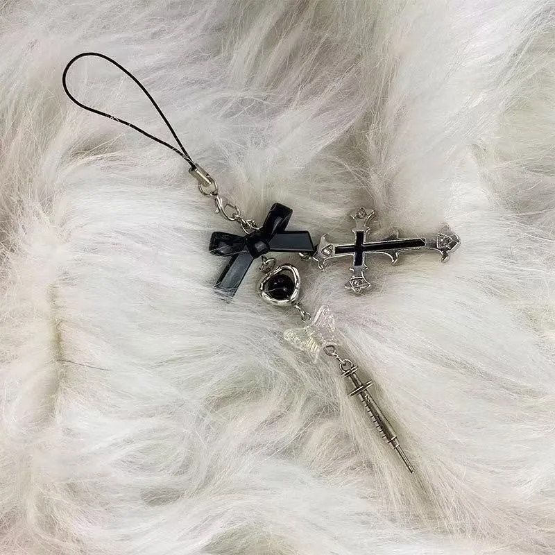 Porte-clés de téléphone en forme de cœur et de croix, 1 pièce, breloque, cadeau pour fille, chaîne mignonne, pendentif avec lanière pour IPhone et Samsung