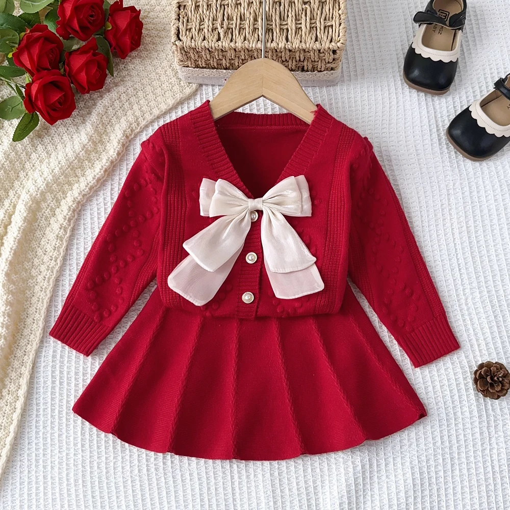 Autumn and Winter Sweater Set Bow Tie Single Breasted Long Sleeved Top and Pleated Skirt Sets Girls' Red Christmas Outfit