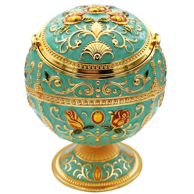 NEW Windproof Ash Tray Vintage Zinc Alloy Flower Pattern Globe Cigarette Ashtray Lid Tabletop Portable Home Decor Ashtrays