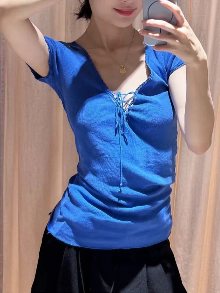 Lace Trim Slim T-shirts Women Streetwear Electric Blue Cotton Lace-up V-neck Short Sleeve Tees Sweet Vintage Simple Tshirts Y2K
