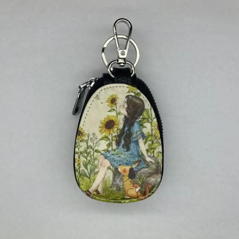 Porta-chaves de couro pu, capa para chave de carro, gancho de metal, zíper, carteira, menina, paisagem, mini bolsa de armazenamento para mulheres, ata