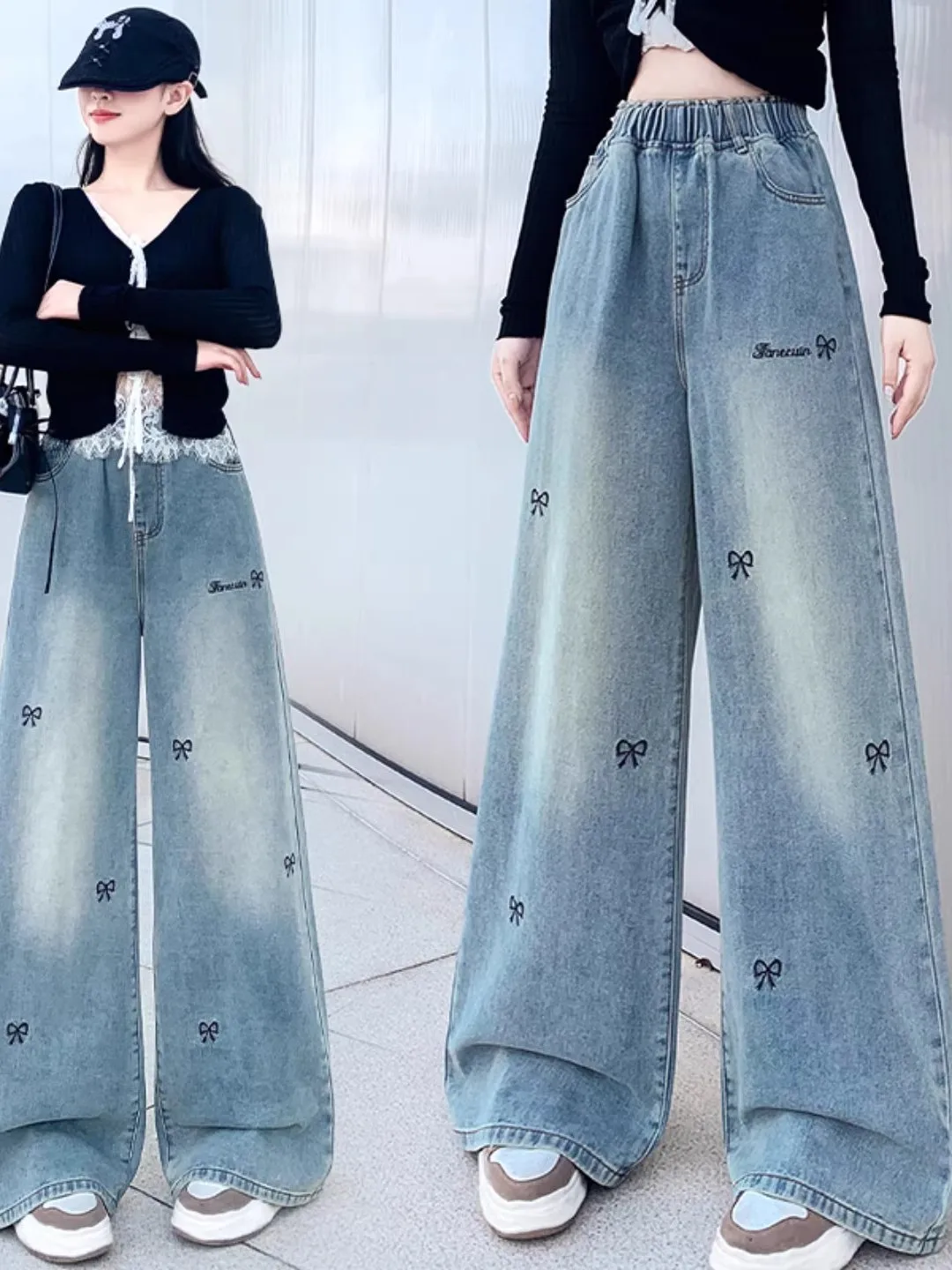 Loose Elastic Waist Denim Wide Leg Pants Spring Autumn New Style Junior High School Student Versatile Long Trousers