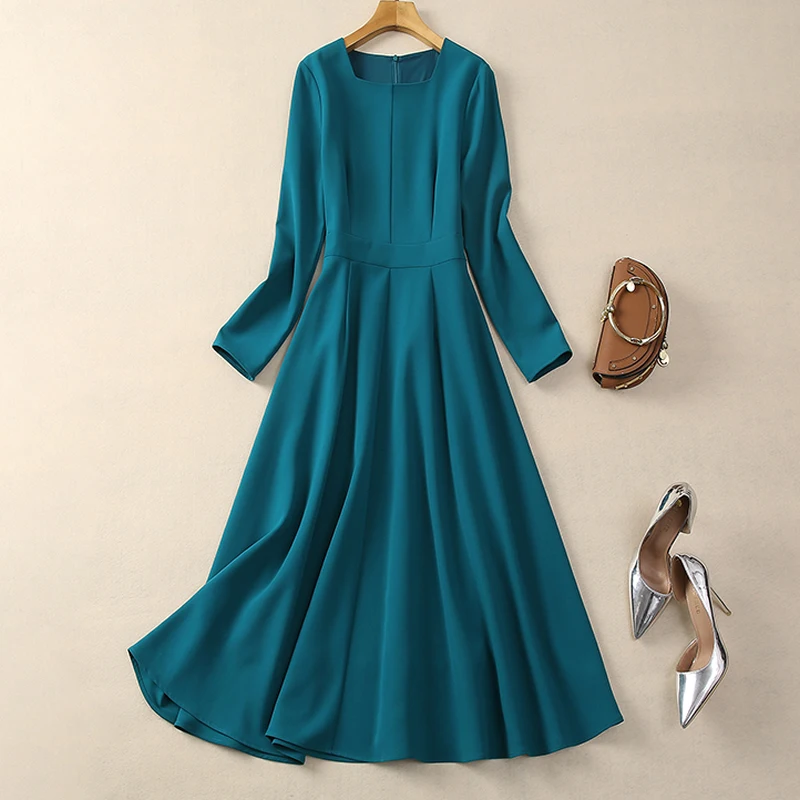 케이트 미들턴 프린세스 스퀘어 칼라 긴팔 워크 드레스, 솔리드 그린 원피스 패션, 22803