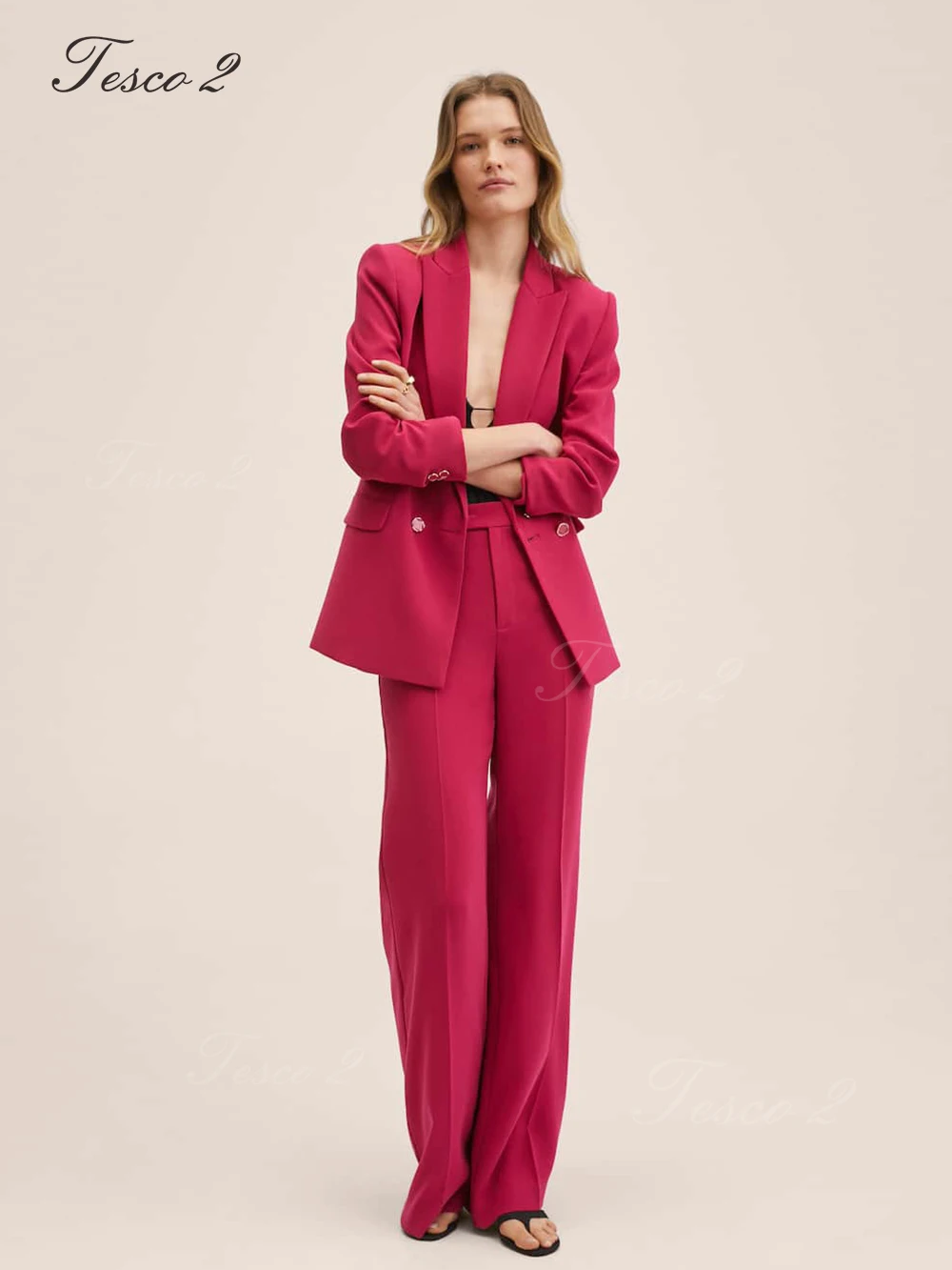 Tesco 2 Chic Women's Suit Loose Straight Design With Double Buttons Set Woman Two Pieces Spring Summer Casual Elegant Suit