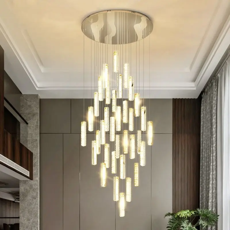 Luxury Golden Silver LED Crystal Chandelier Modern Nordic Duplex Building Spiral Staircase Hanging Lamp Dining Room Pendant Lamp