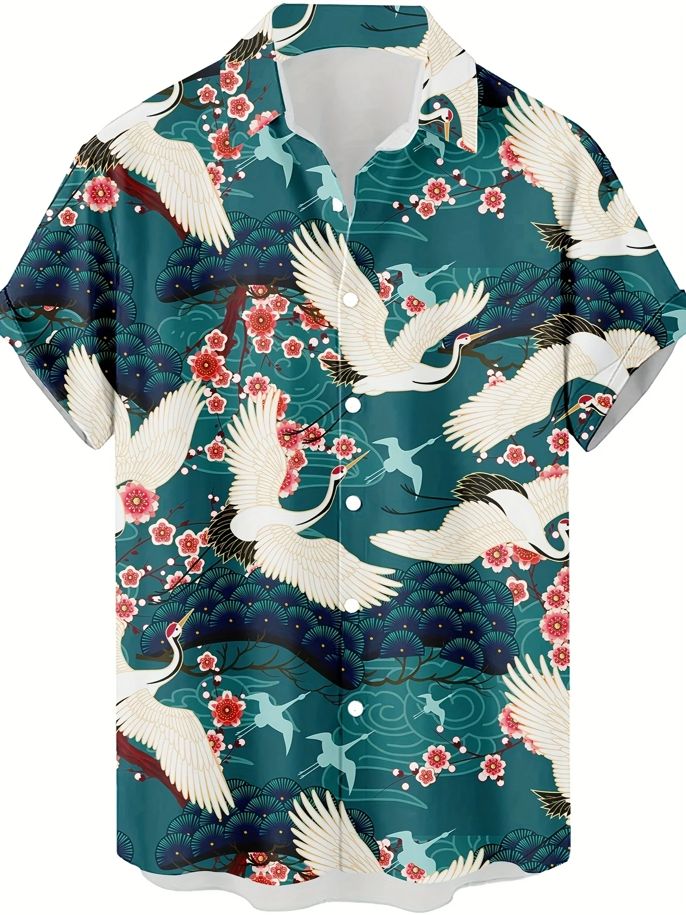 Men Japanese Crane Cherry Blossom Print Turn Down Collar Short Sleeve Shirt Teal‑Base Oriental Vacation Top