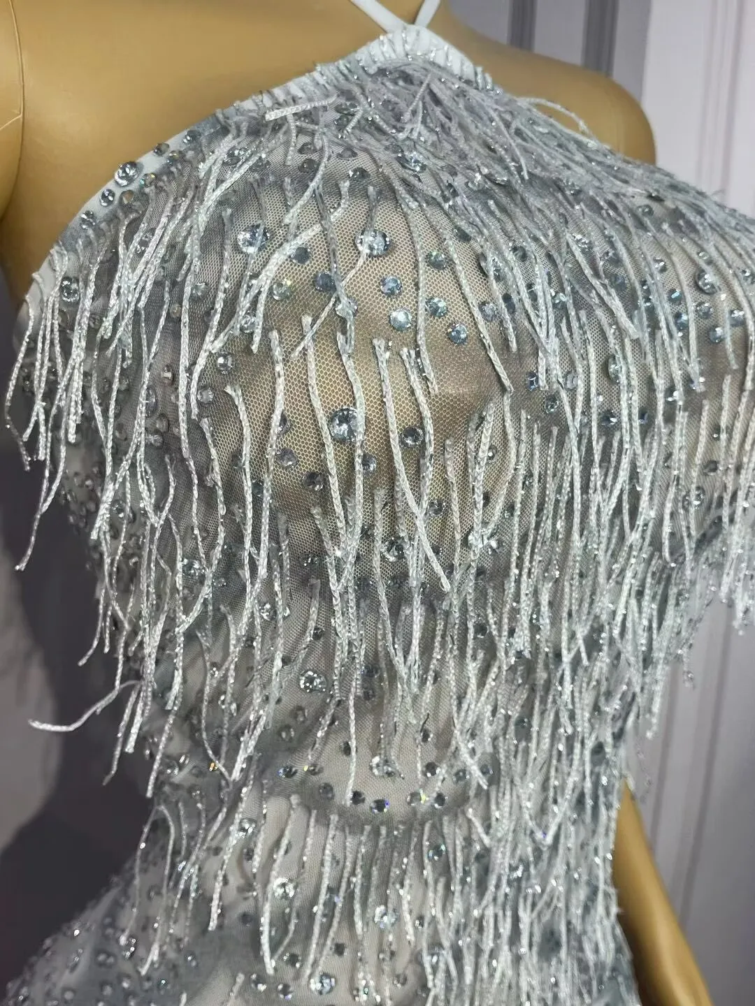 Sexy Glanzende Steentjes Kwasten Bandage Trim fit Backless Jurk Vrouwen Verjaardagsfeestje Vieren Toga Modeshow Stadium Slijtage