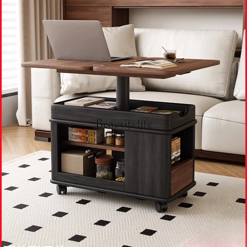 

Movable coffee table living room folding walnut solid wood lifting coffee table with wheels trolley