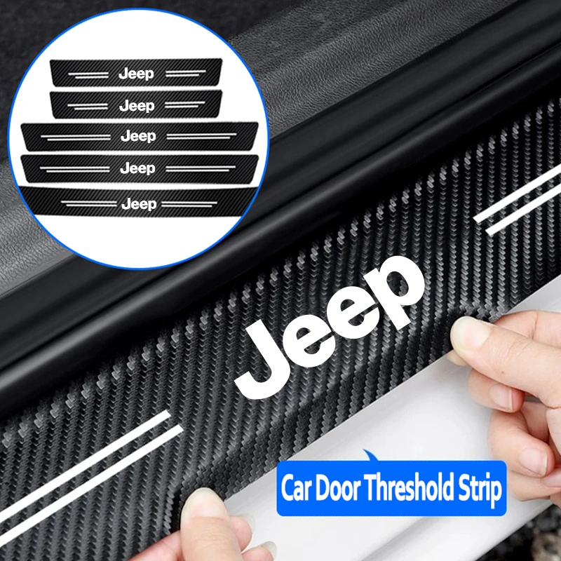 1/4/5Pcs Carbon Fiber Leather Car Door Sill Protector Strip For Jeep Renegade Wrangler JK Grand Cherokee Gladiator Patriot Trail