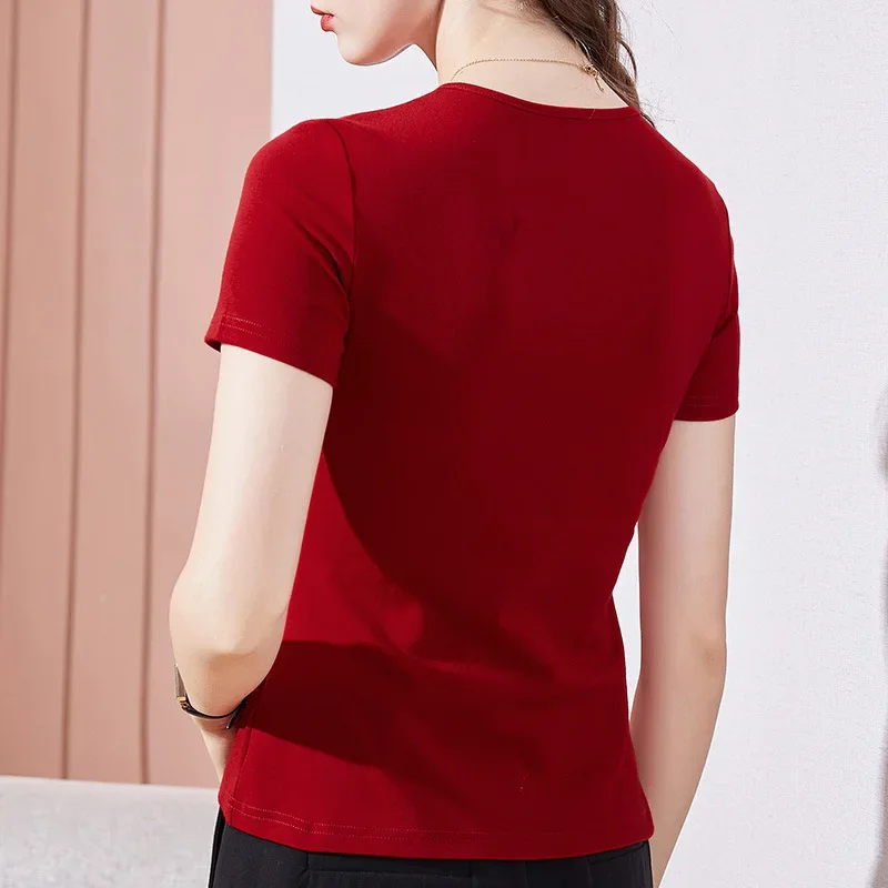 เสื้อยืดแขนสั้นคอวีมีหูแบบวินเทจของ TA018 2023ใหม่สำหรับผู้หญิงเสื้อยืดเข้ารูปรัดรูปฤดูร้อน