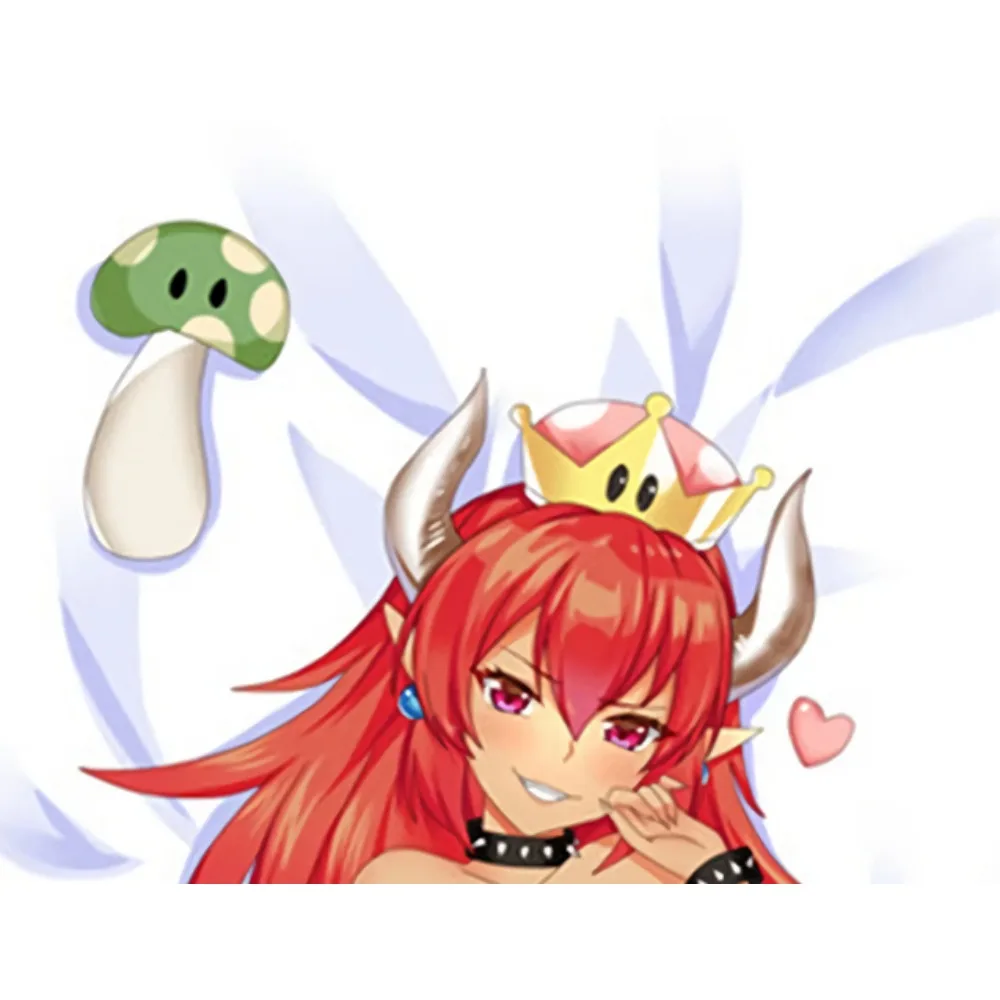 Bowsette Dakimakura Pillowcase Fiery Red Long Hair Horn Crown Girl Peach Skin Cushion Cover
