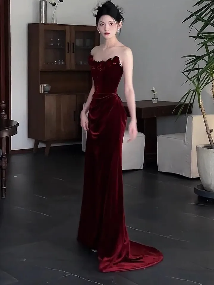 red velvet tube dress Toast Dress Engagement off-Shoulder Red Velvet Tube Top for Women