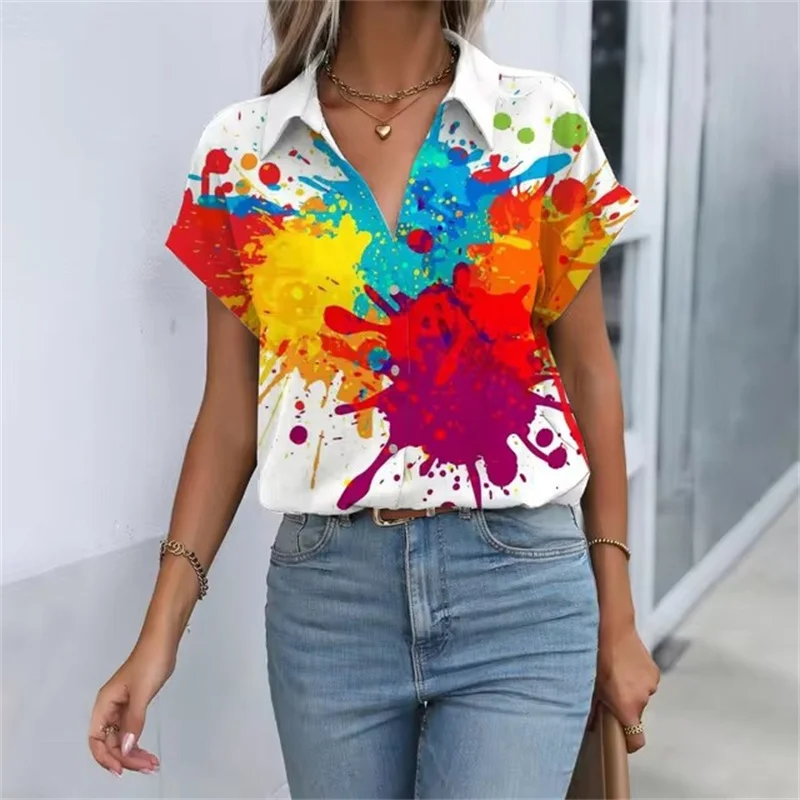 Artistic Women\'s Summer Clothes Blouse Tops Splashing Ink Pattern Print Womens Shirt Short Sleeve Button Shirts Blouses Top Lady