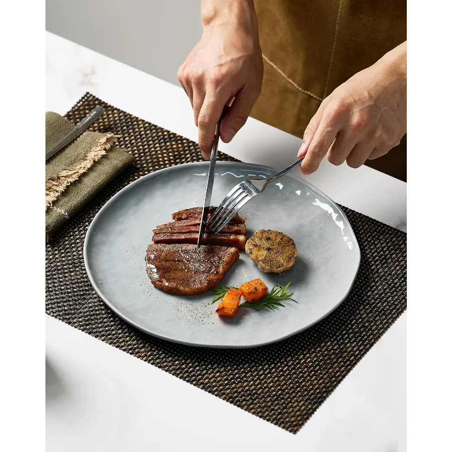 طقم أطباق وأطباق مطبخ حديثة من البورسلين تتسع لـ 6 أشخاص أواني طعام مصنوعة يدويًا بحافة مموجة مع ميكروويف أنيق باللون الرمادي ود #4