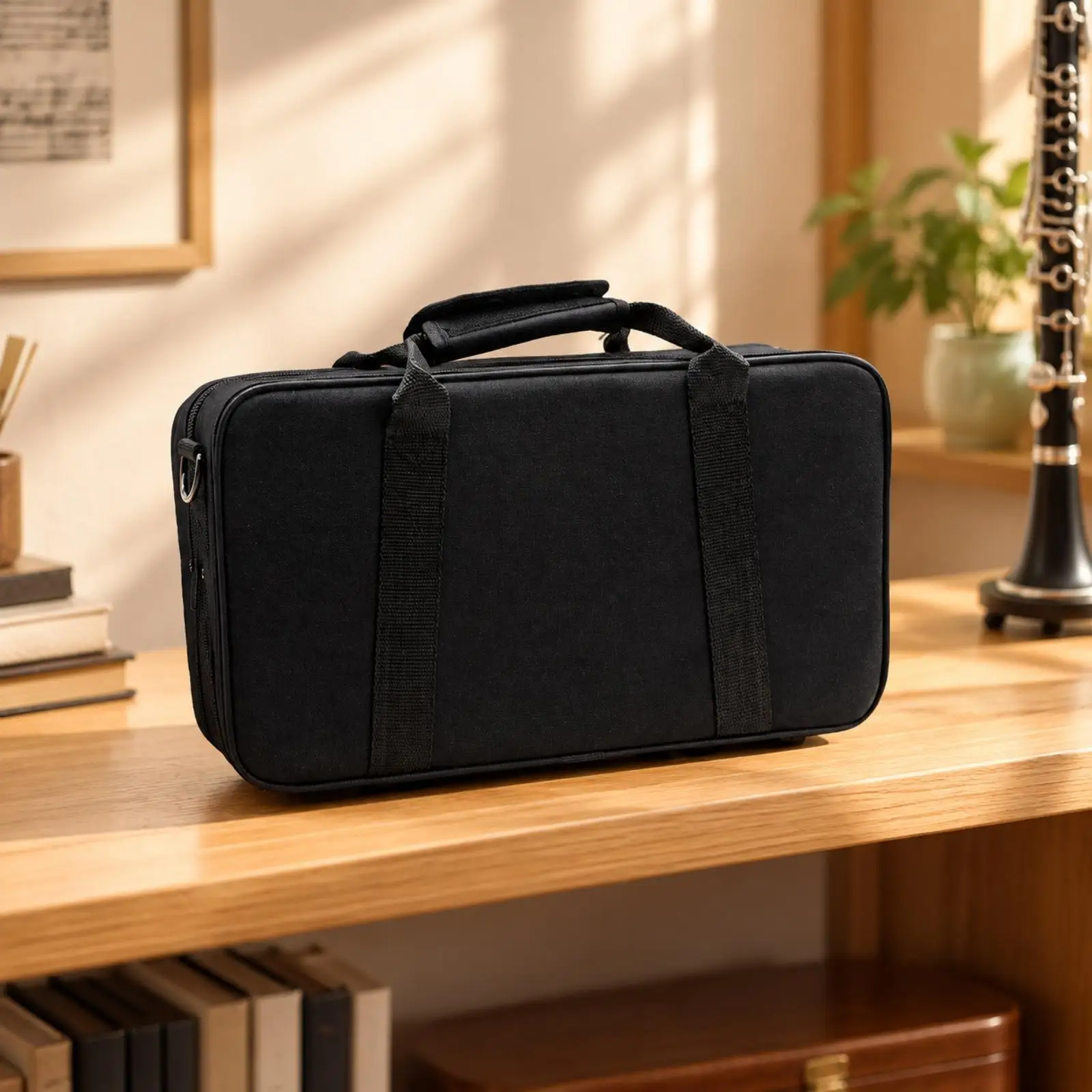 Black Oxford Fabric Clarinet Case with Secure Zipper and Padded Structure for Accessory Storage