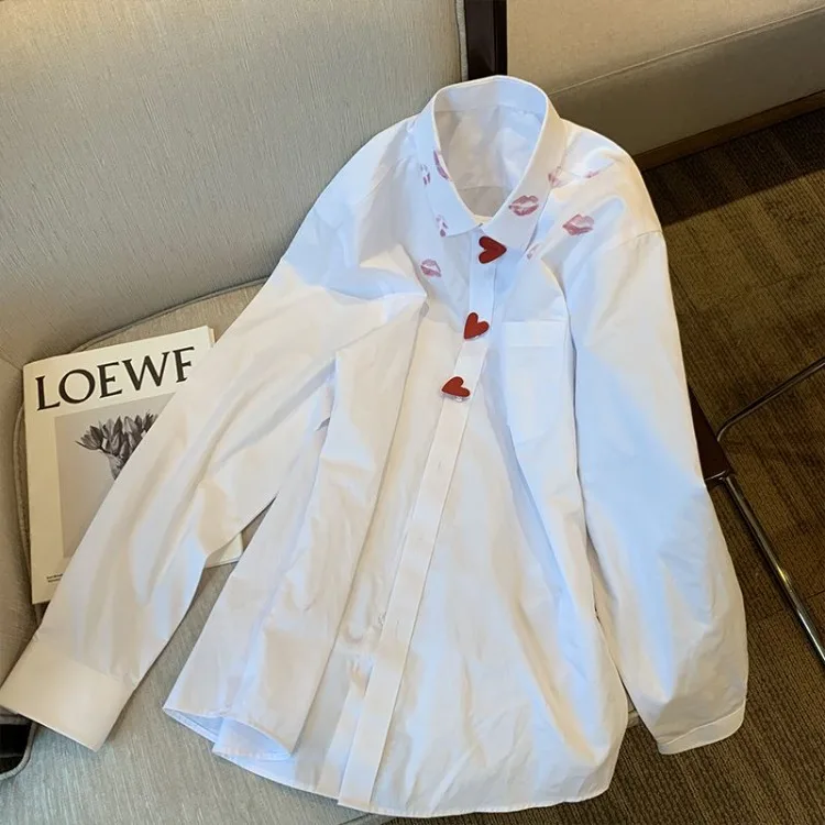 Simple Lip Print White Shirts Women Spring Autumn New All-match Blouses Coat Y2k E-Girl Long Sleeve Loose Blusas Mujer