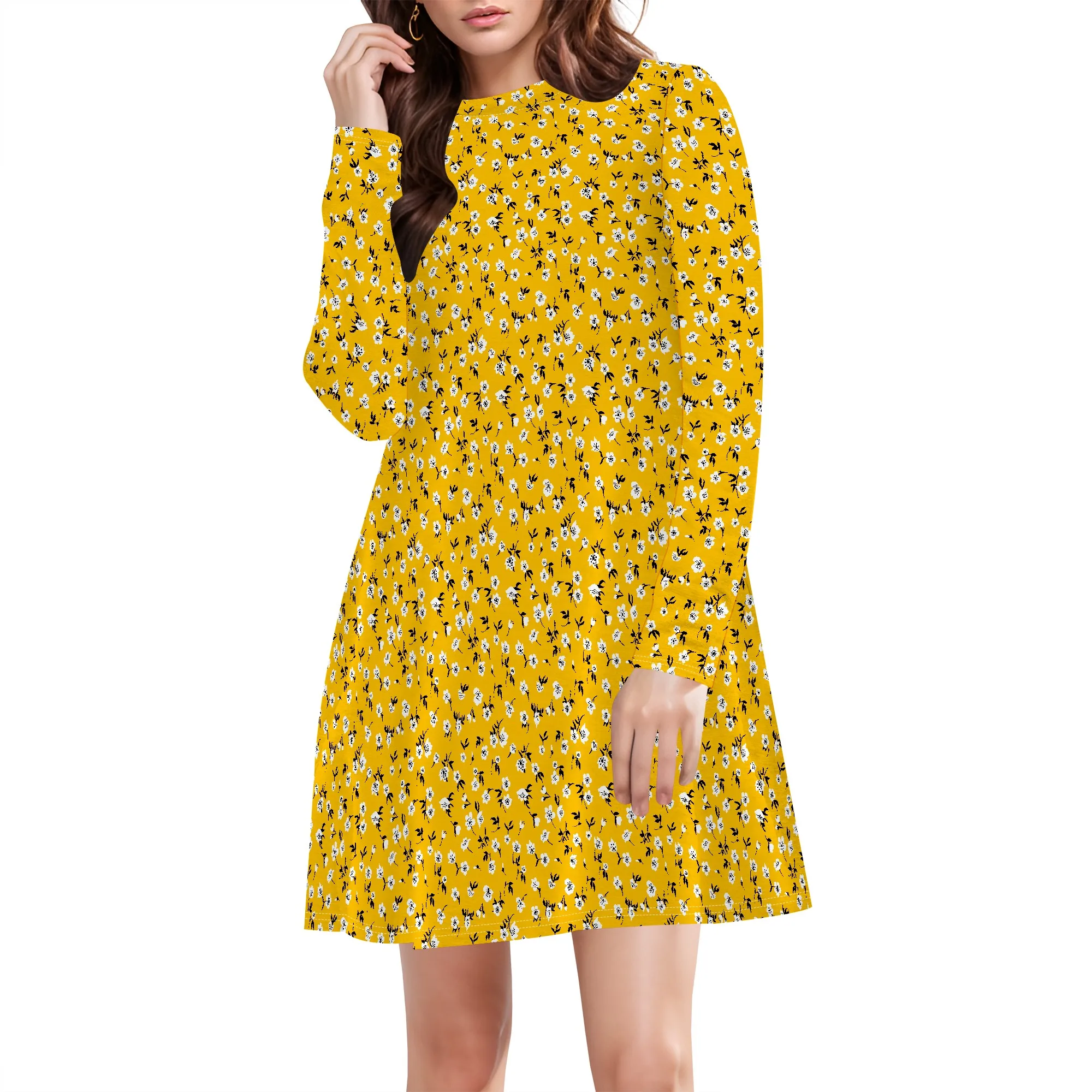 

Casual Plus Size Dress for Women Long Sleeve Fall Mini Dress with Pockets and Crewneck Fit