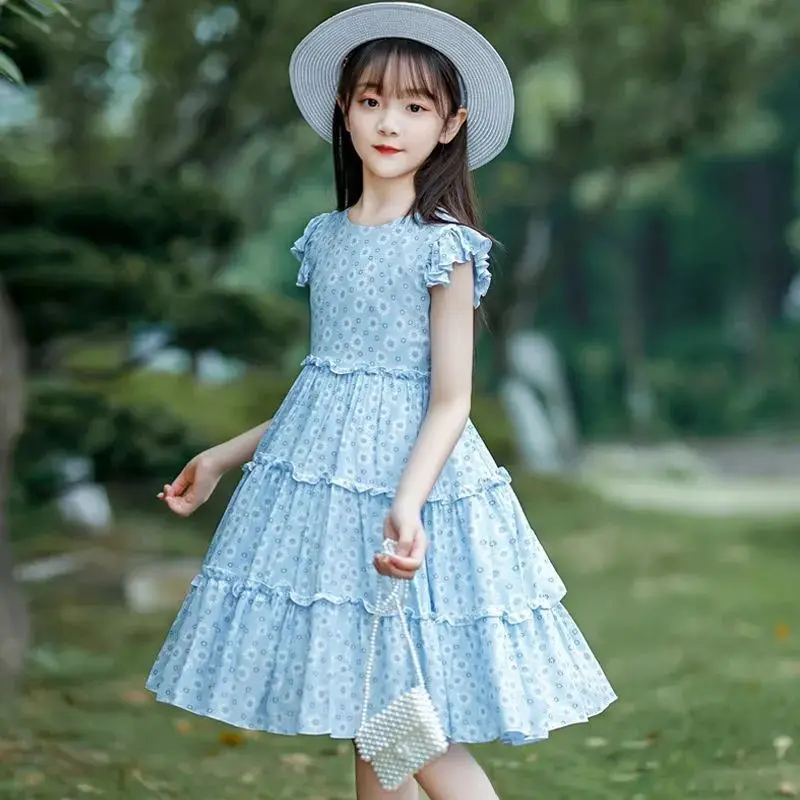 Floral Pattern Beach Bohemia chiffon off shoulder bow belt waist Teen 6 8 9 10 12 Year 2026 Summer New Girls Pleated Long Dress
