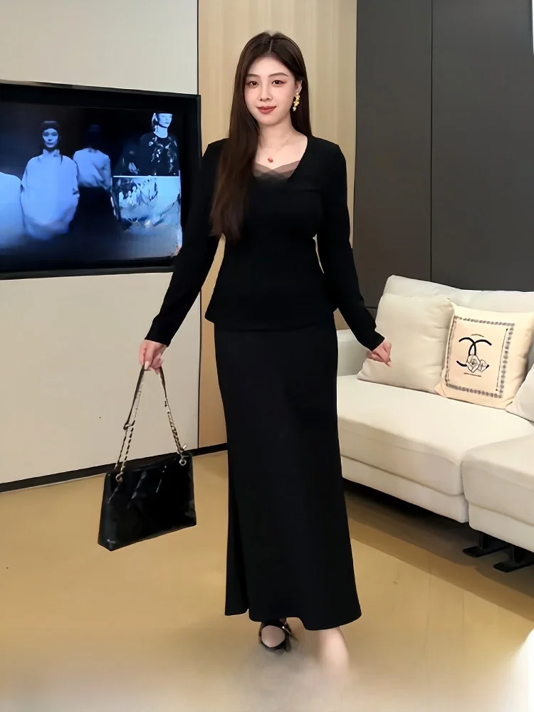 

Комплект из юбки А-силуэта с высокой талией и топа с кружевными вставками, утепленный нейлоновым волокном, для женщин больших размеров, модный зимний ансамбль