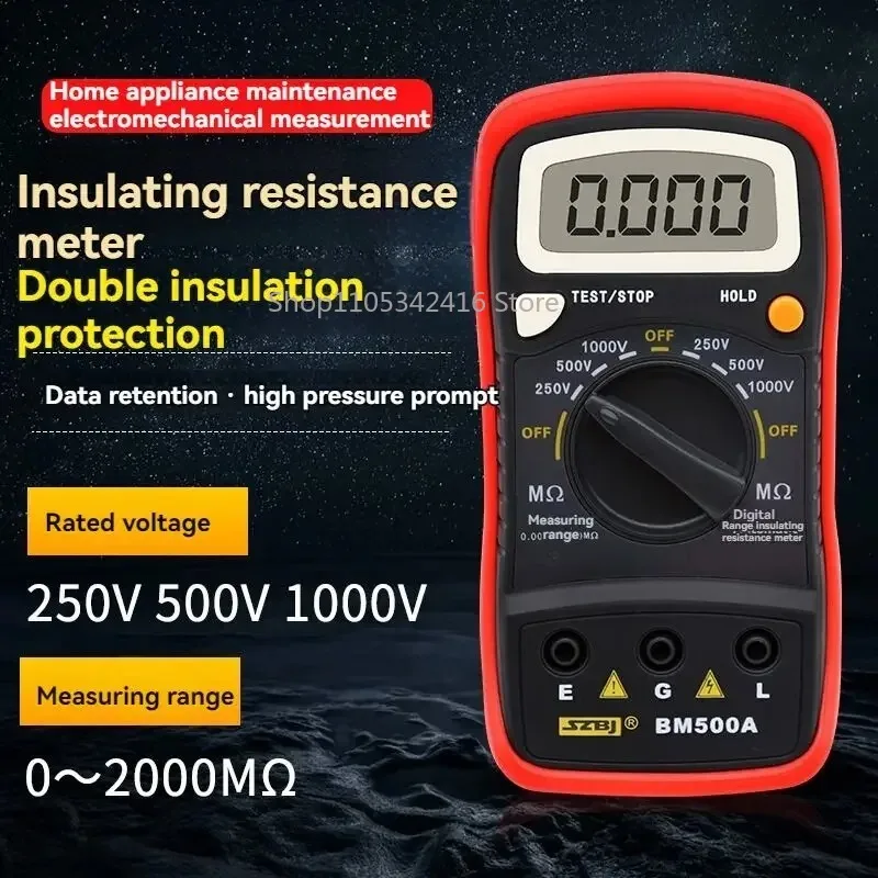 BM500A Digital Insulation Resistance Tester, 1000V 250V Megohmmeter Electronic Resistance Measuring Instrument
