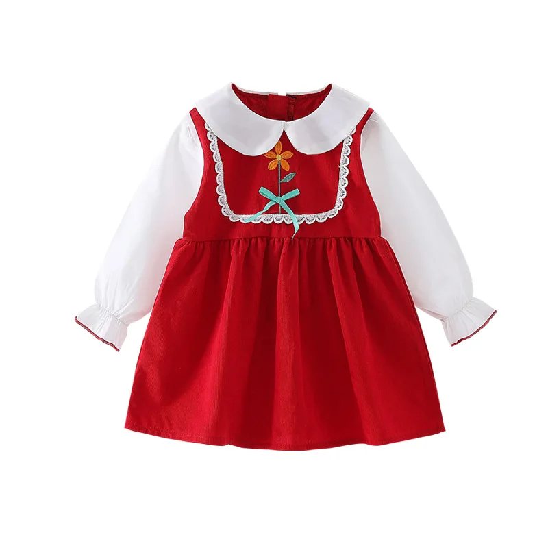 Girls Casual Dresses Long Sleeves Skirt with Baby Doll Collar Lovely Flower Design Siimple Style Kids Outfit Autumn Spring