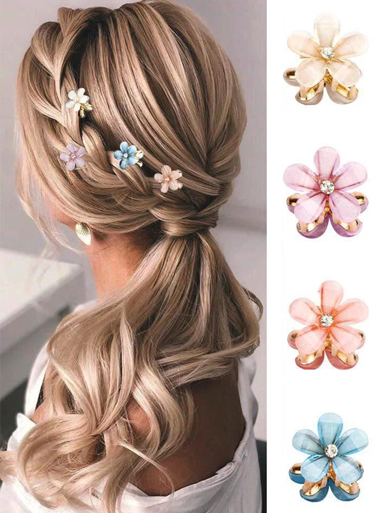 1PC Cute Crystal Flower Mini Hair Crab Clamps Girls Women Sweet Pearl Hair Clip Claw Metal Barrettes Children Hair Accessories