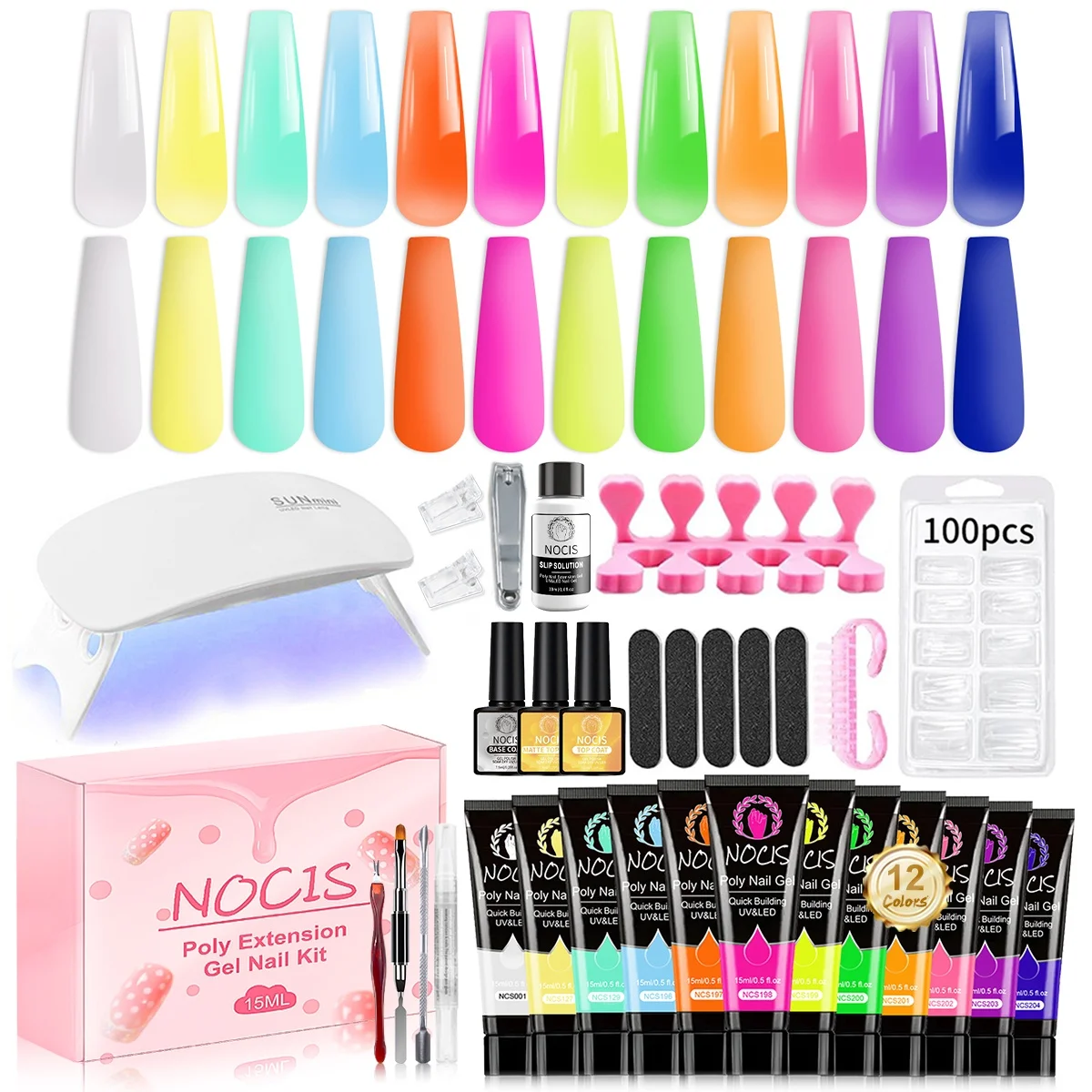 

NOCIS 12-Neon Colors Poly Nail Gel Set, with basic gel nail tools such as sliding solution versatile - a gift for girls' nails.