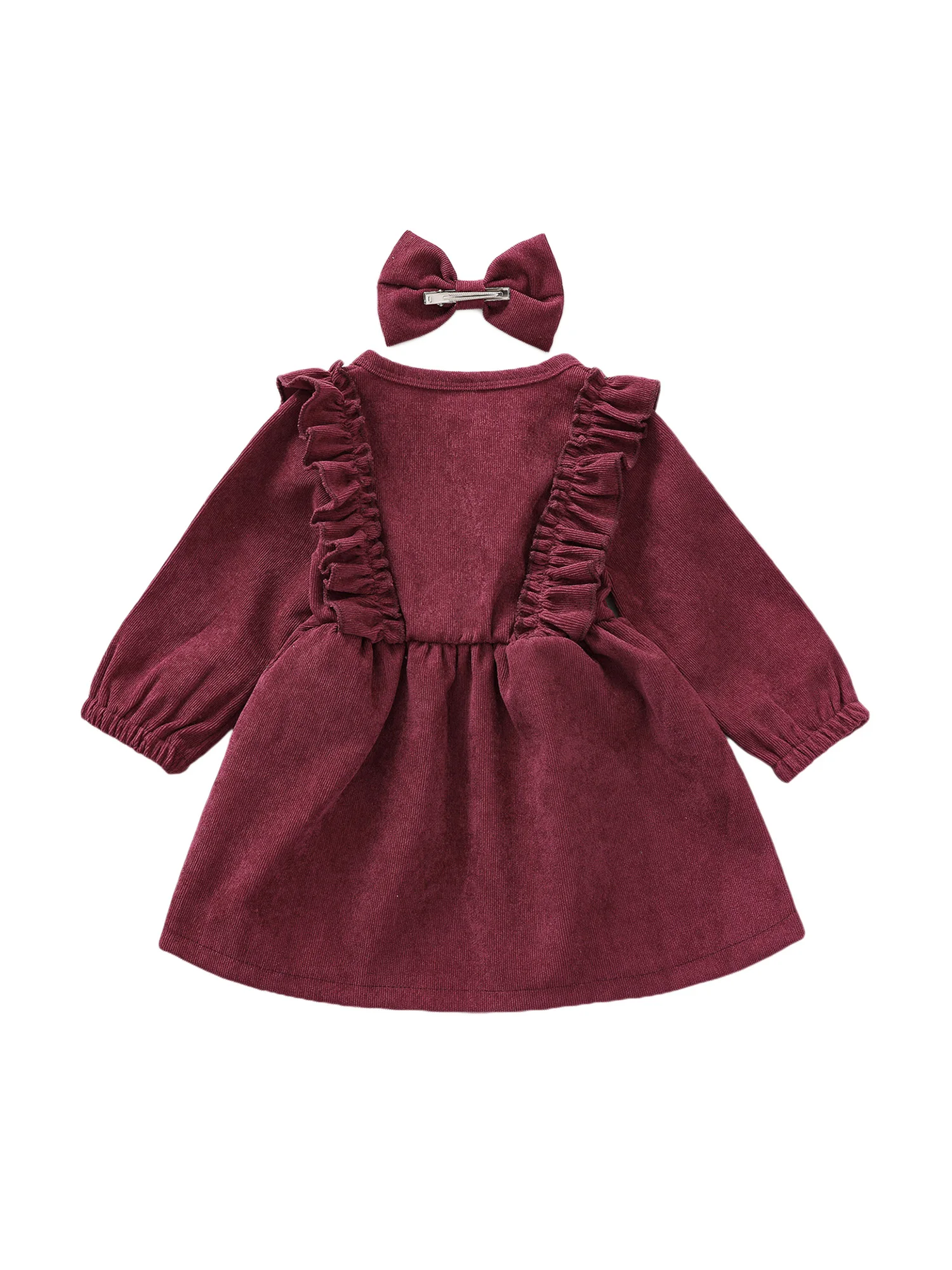 Toddler Girl Outfit Vintage Style High-Waist Midi Dress with Long Sleeve Round Collar Ruffle Buttons and Pleated Skirt