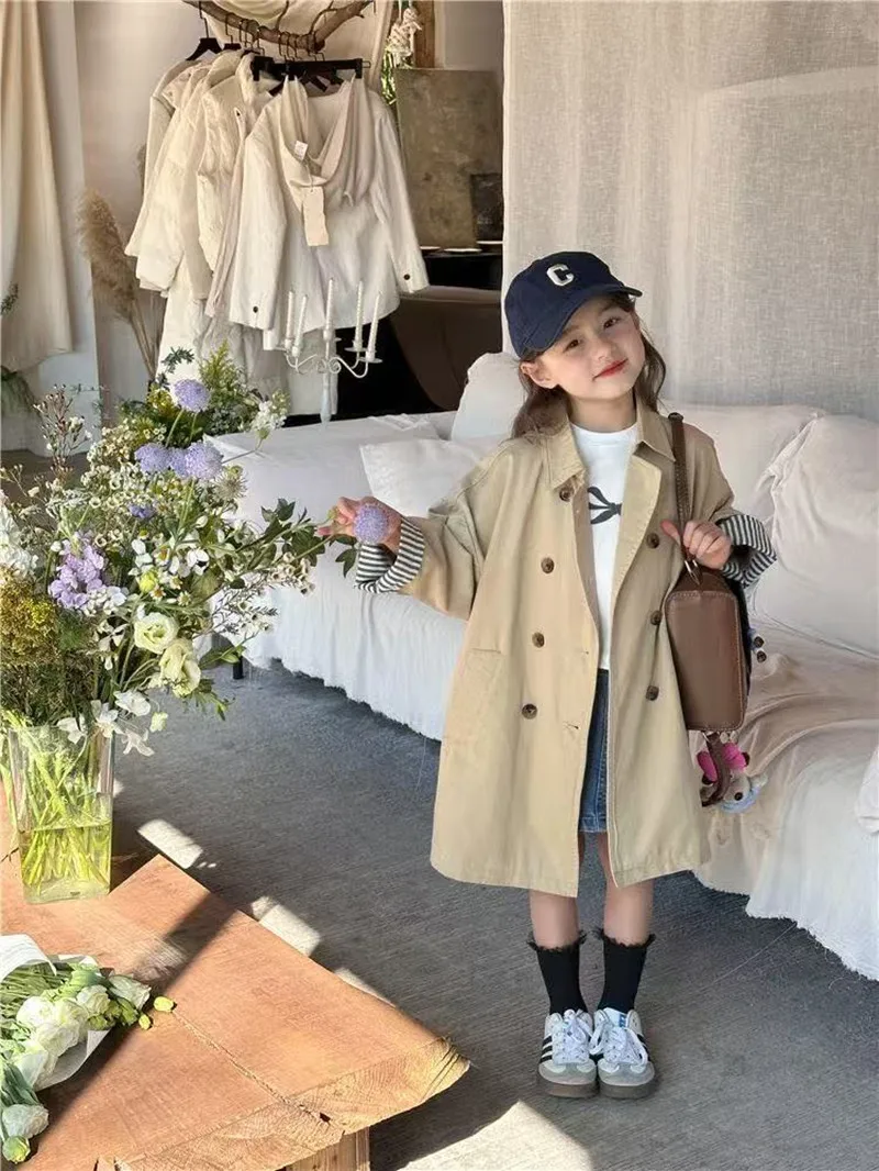 

Kids Girls' Western-style British Style Mid Length Windbreaker Jacket for Spring and Autumn Children's Casual Coat 110-160CM
