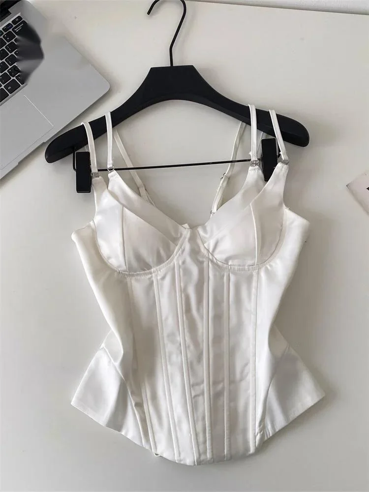 Satin OL Corset Top Summer Backless Lace Up V Neck Bodycon American Fashion Camis Splice Feminine Sexy Senior Tank Top