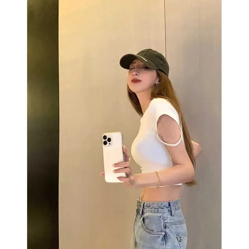 セクシーな白い伸縮性のあるTシャツ、女性用サマーベーシックデザイン、レディーストップ、ポリエステル繊維、薄手の丸首Tシャツ