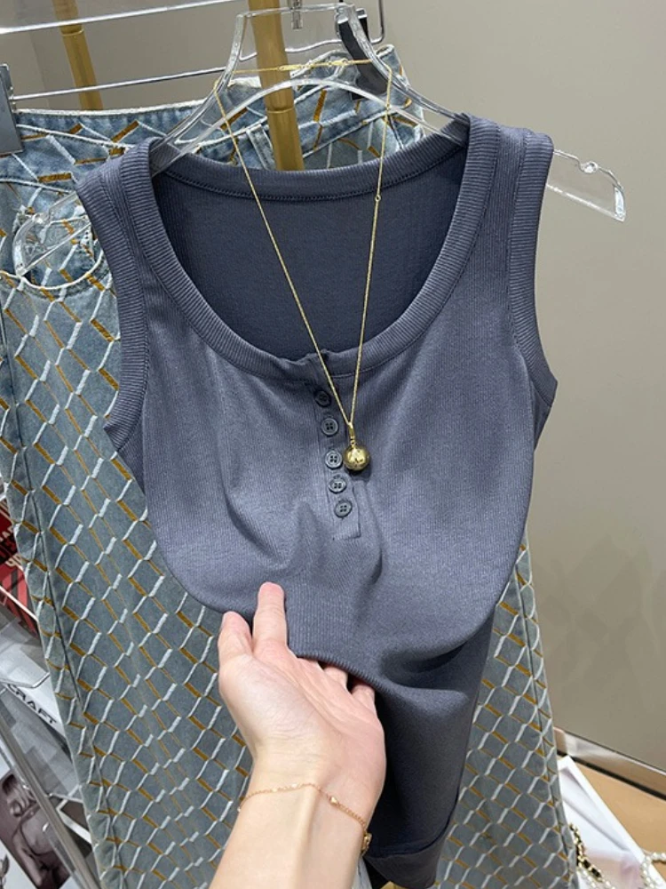 Damen Einfarbiges Rundhals-Tanktop Camisole Damen 2026 Sommer Geripptes Knopf-Basic-Elastik-Tanktop O-Ausschnitt Einfarbiges Tanktop