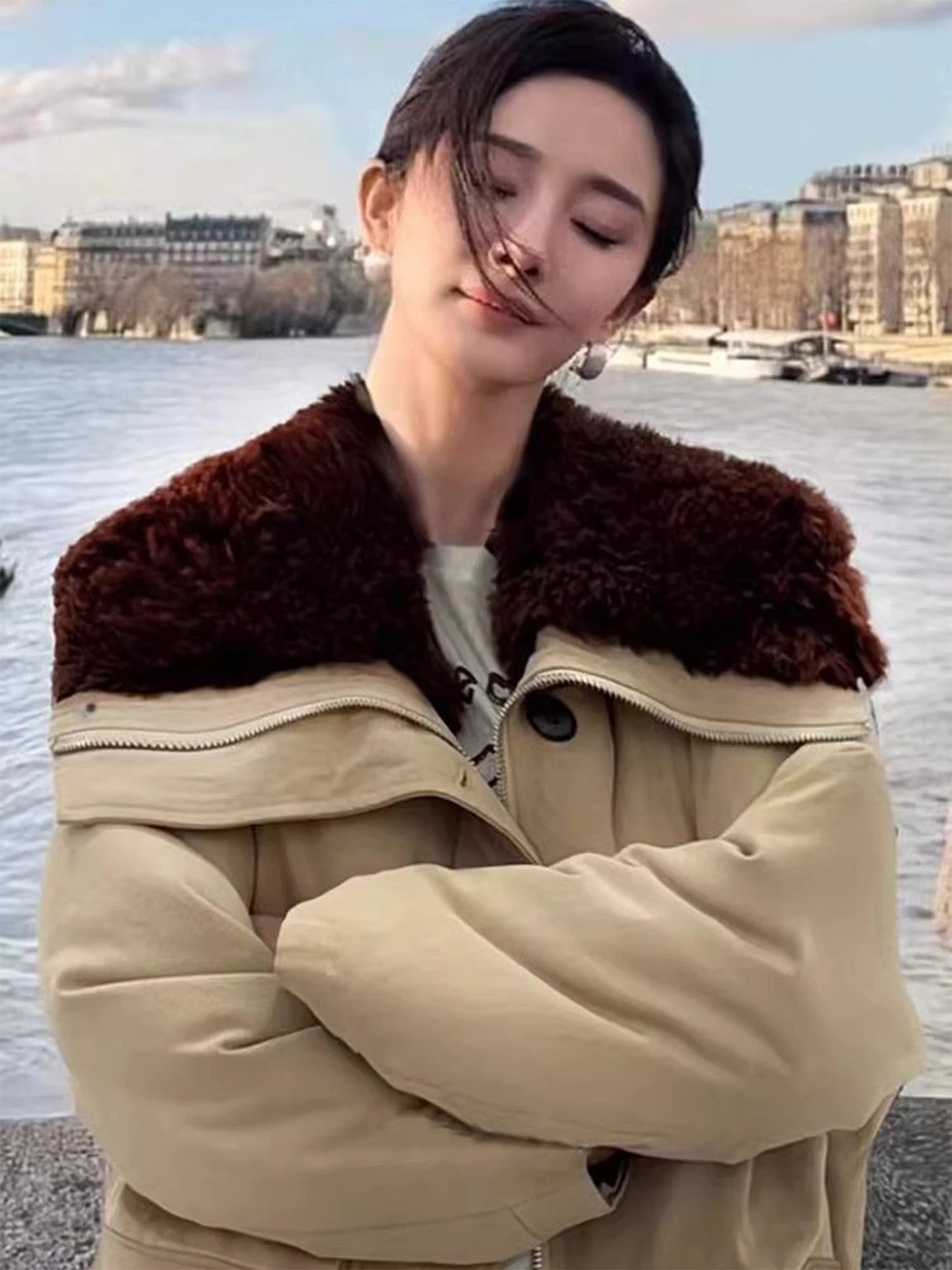 

Dai Yang Lamb Fur Collar Jaet Women's Winter Coat American Retro Star Large Turn-down Collar Faux eepskin Cotton Blend