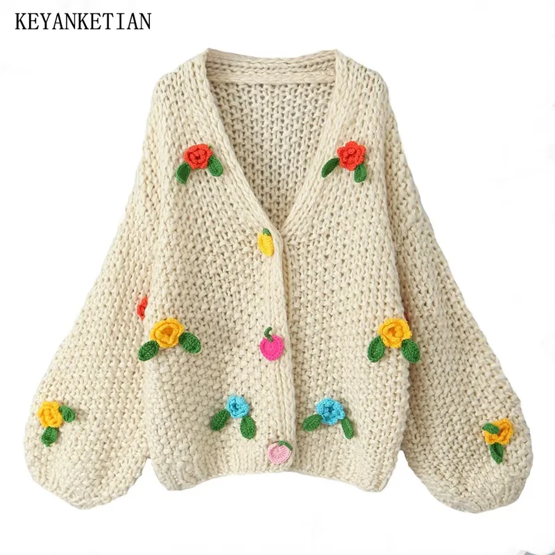 

KEYANKETIAN Winter New Women's Flowers Decoration Coarse Yarn Handmade Sweater Boho Holiday wind Lantern Sleeve Knit Cardigans