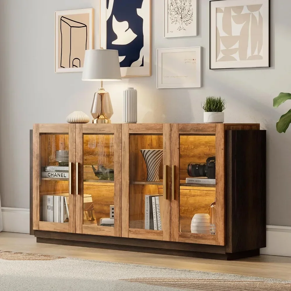 Sideboard Cabinet with LED Lights, Movable Partition & Storage Shelf, Livingroom Cabinet