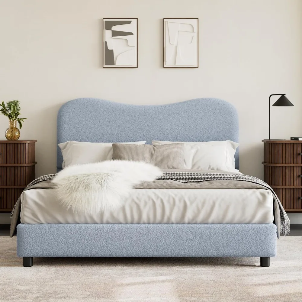 

senfot blue boucle bed frame with upholstered headboard, soft low profile sturdy platform bed with rounded corners design