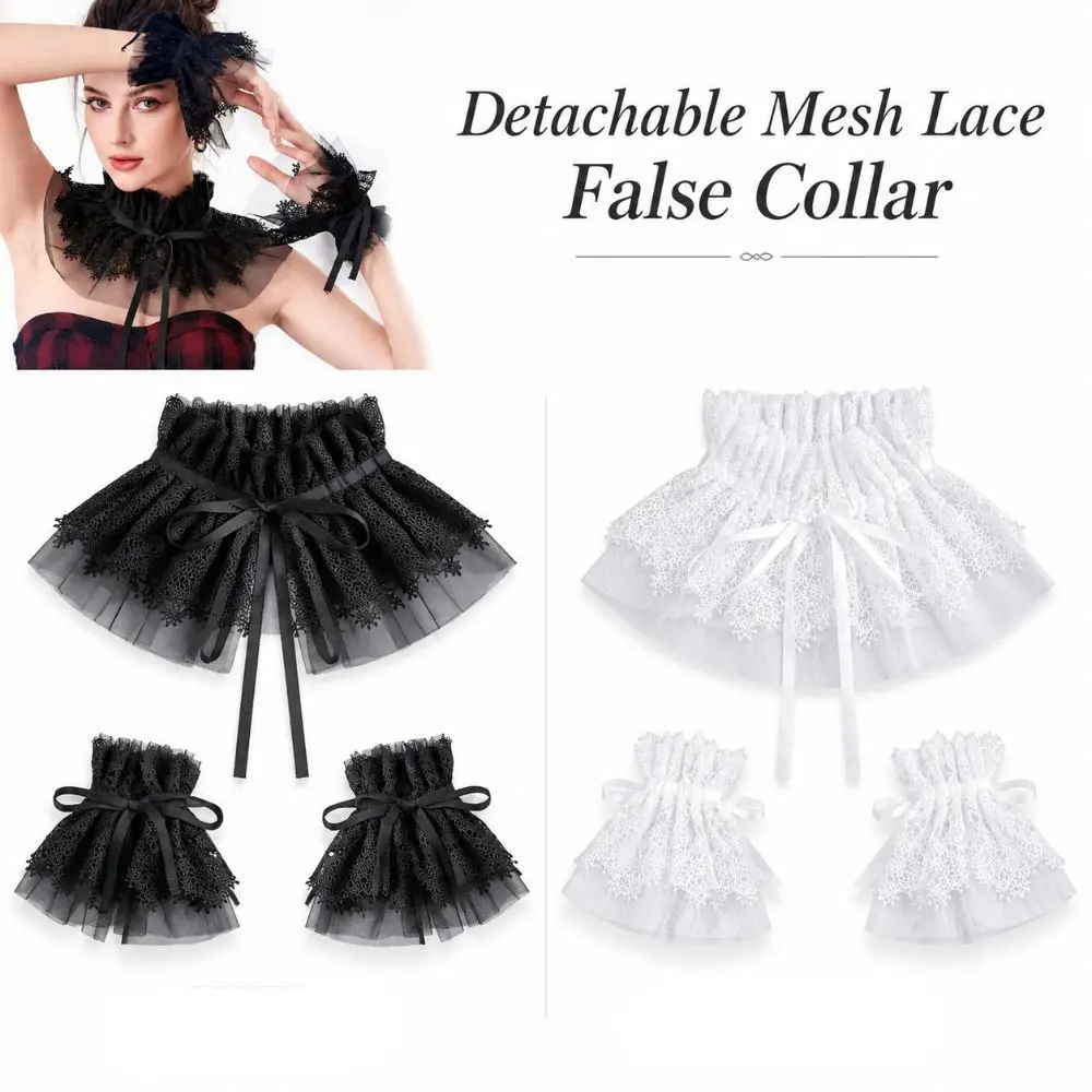 Removable Fake Collar Mesh Tulle Double Layer Detachable Mesh Lace Collar Ribbon Tie Floral Embroidery Sleeve Cuffs For Women