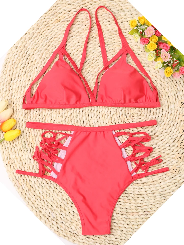 2024 New Sexy High Waist Bikini Set Bandage Swimwear Women Swimsuit Female Solid Bikini Bathing Suit Beachwear Swimming Suit XL