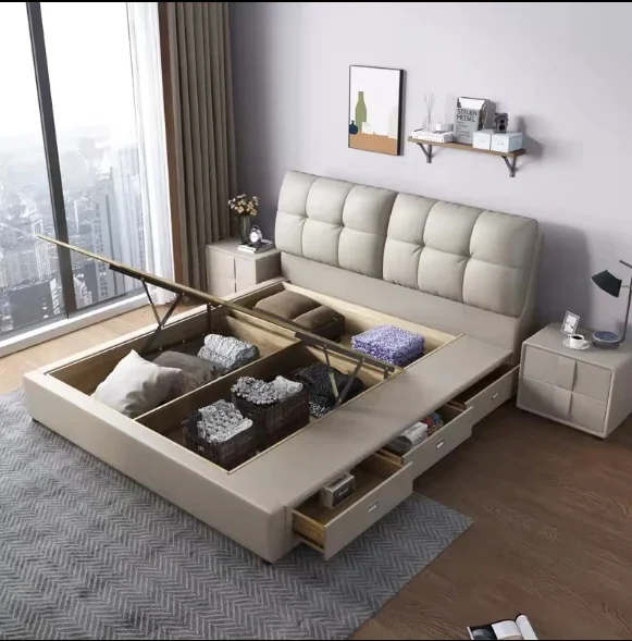 

Furniture Modern Multifunctional Leather Bed Storage Box USB Charger Smart Wood Furniture Massage Feature Bedroom Living Room