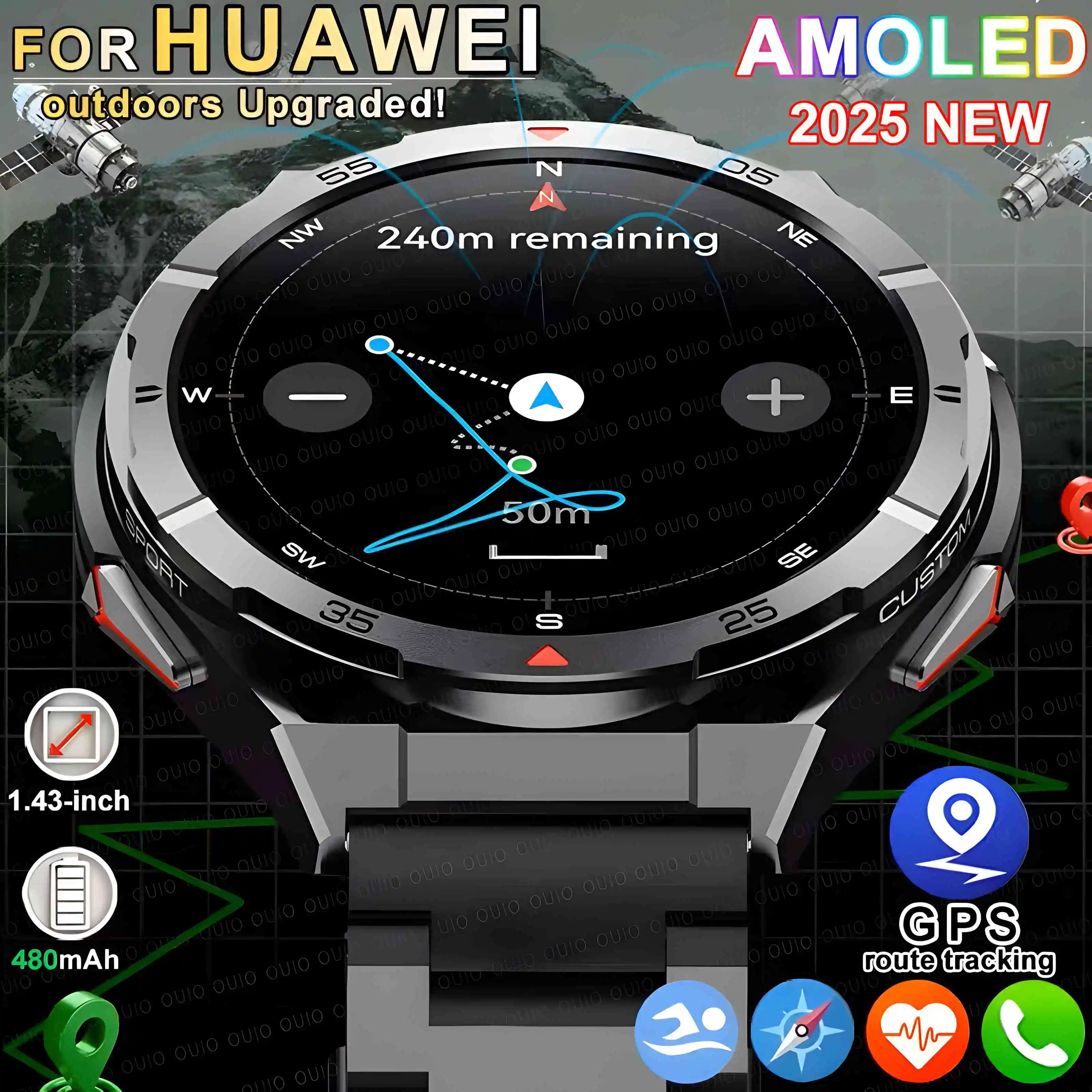 

2025 Новые двухдиапазонные спутниковые GPS SmartWatch для мужчин 1,43-дюймовый AMOLED-экран IP69 10 АТМ Водонепроницаемый компас Сердечный ритм BT Call SmartWatch