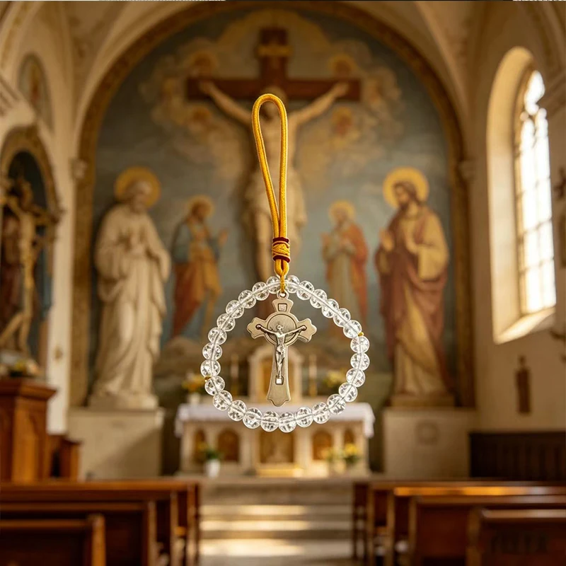 New Orthodox Catholic Car Rosary with Clear Glass Beads Crucifix Pendant for Auto Interior Home Altar Christian Religious Gift