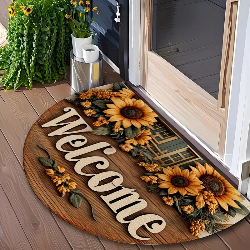 VIKAMA Semicircular Welcome Doormat Sunflower Blue Pumpkin Wooden Print Anti‑Slip Rug Entryway Porch Home Front Door Decor