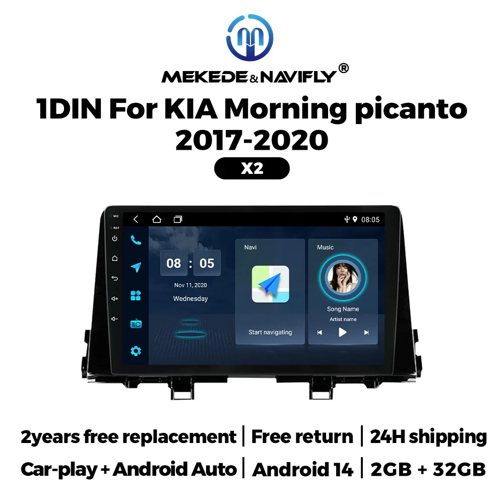 NAVIFLY＆MEKEDE 9 Inch Wireless Carplay Auto For KIA Morning picanto 2017-2020 Android 14 Car FM Radio Multimedia Player BT 1 DIN