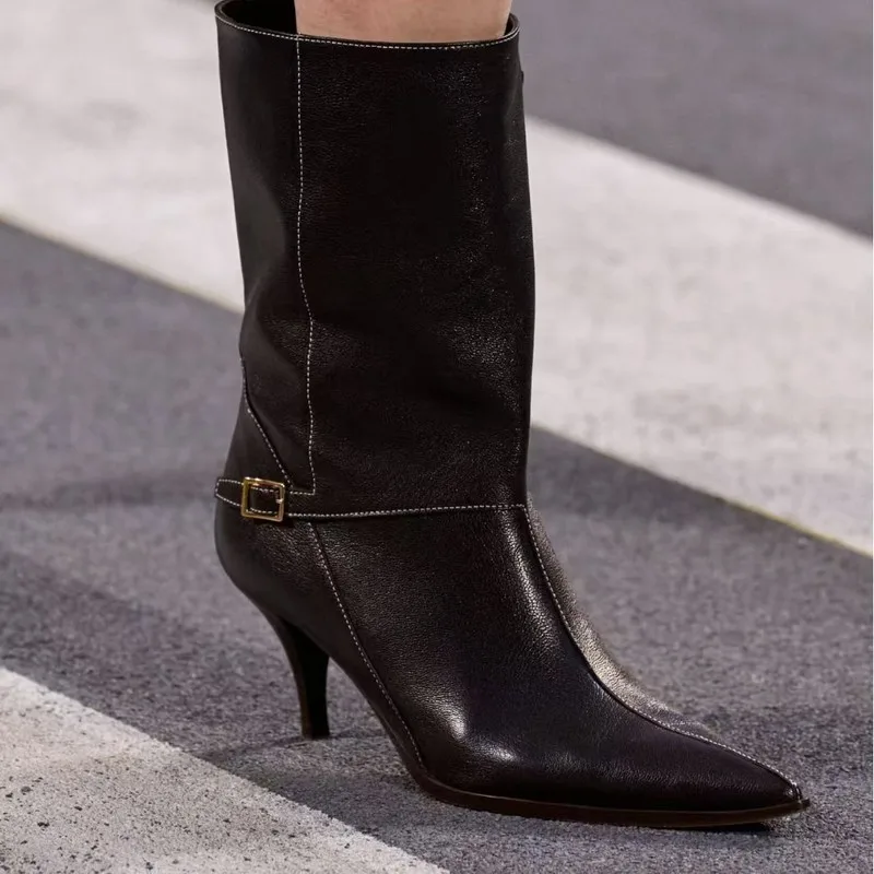 Women Slouchy Mid Calf Boots Pointed Toe Kitten Heel 8cm Black Soft Leather Look Autumn Winter Shoes Plus Size 35-43F765