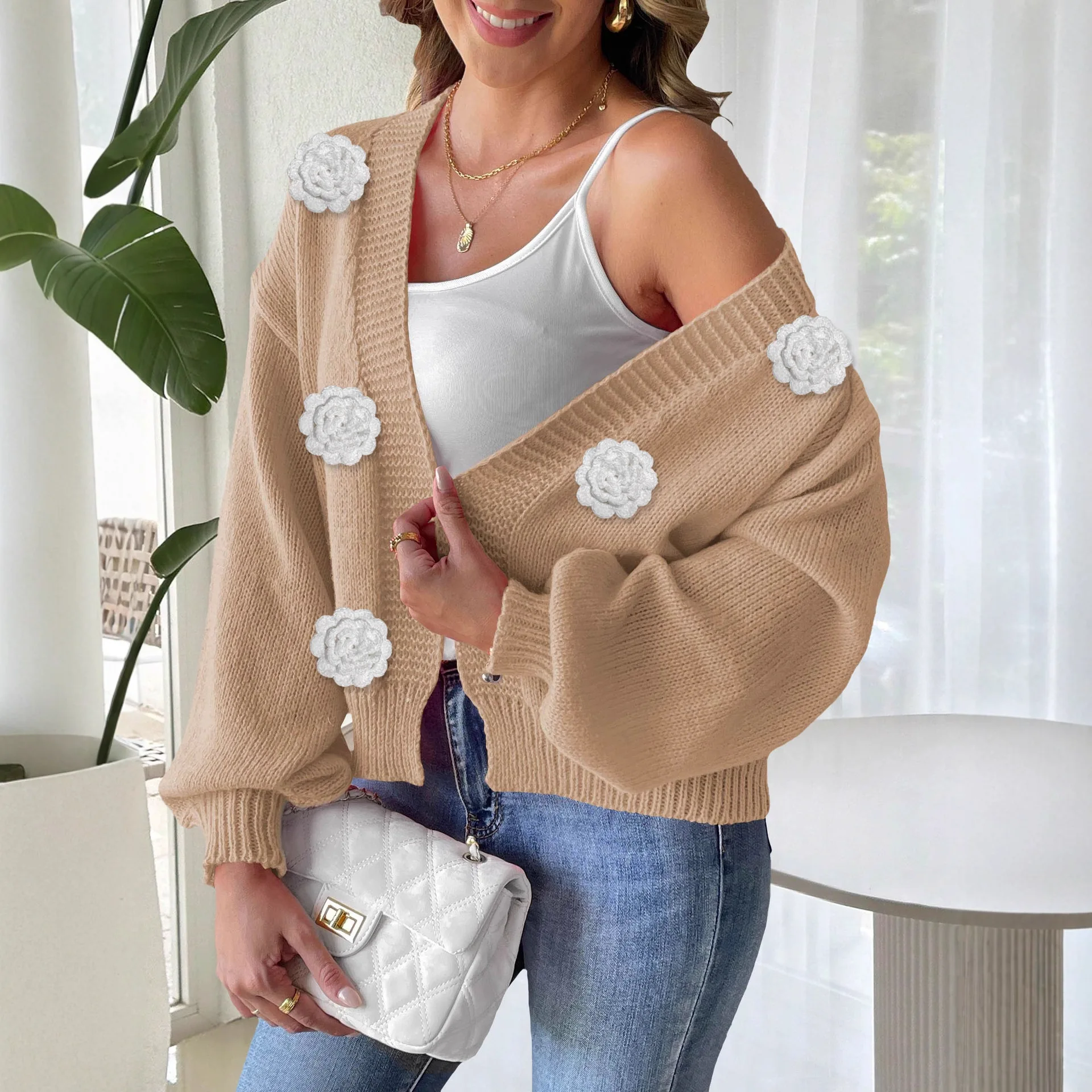 Women's Open Cardigan 3D Hand Hooked Flower Splicing Sweater Jacket Autumn Winter New Style European And American Fashion
