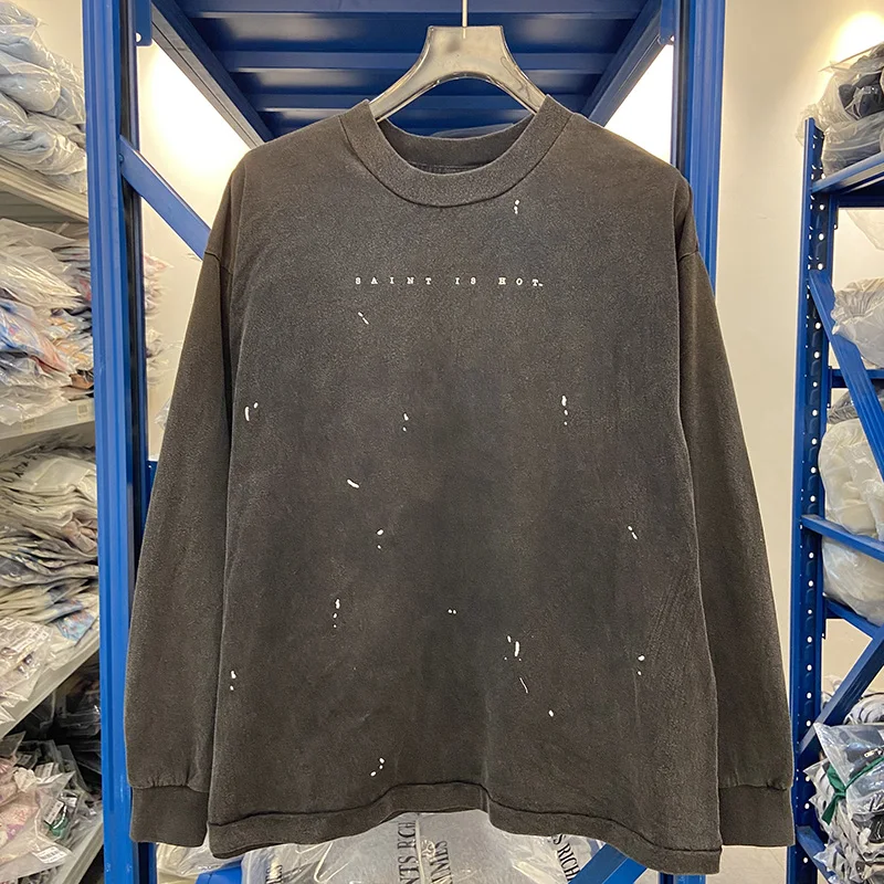 

Футболка с длинными рукавами и принтом синего креста с маленькими буквами и логотипом Saint, мужская и женская винтажная футболка с потертыми чернилами, футболки